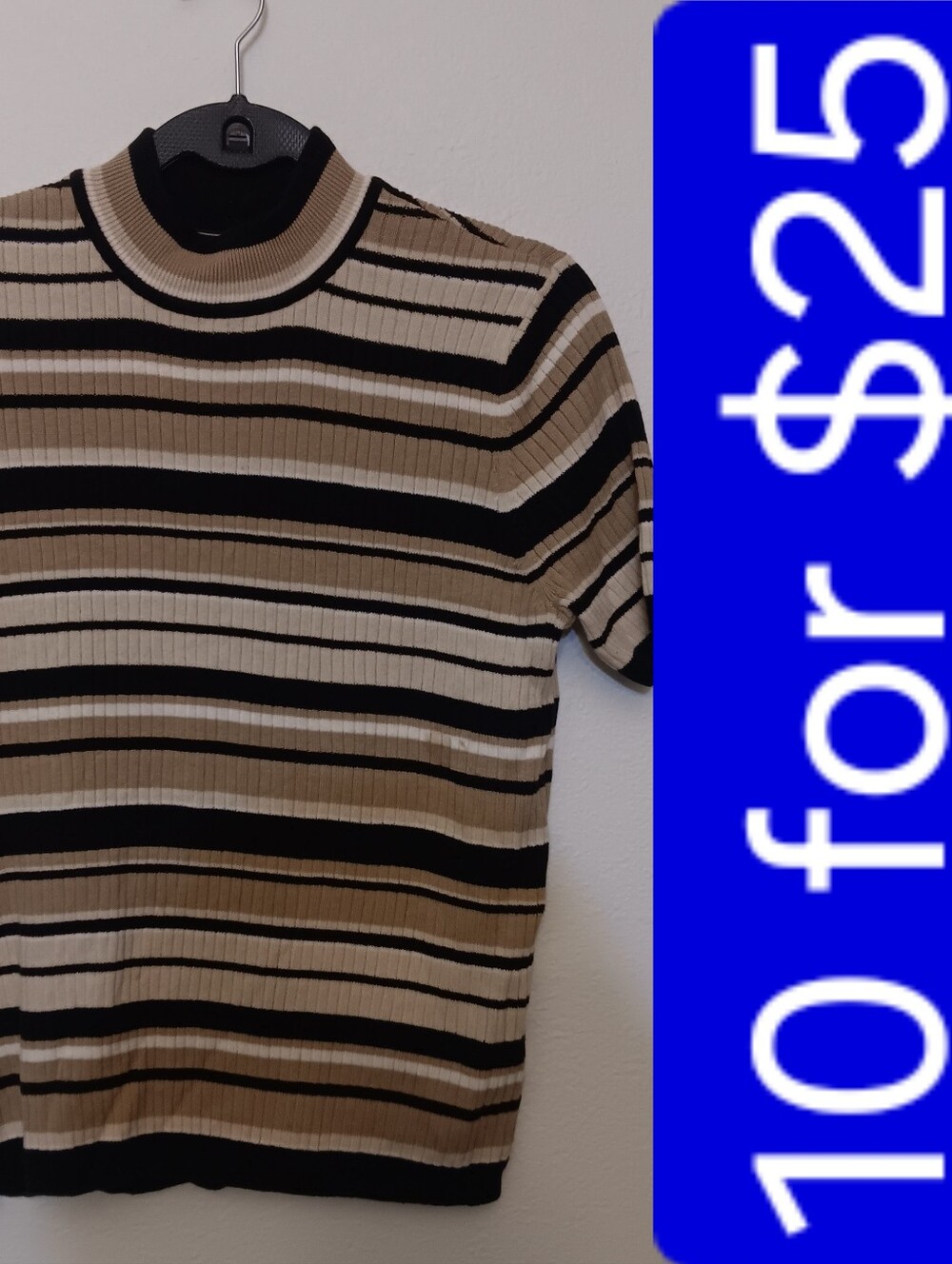 Striped Short-Sleeve Knit Sweater - Black & Beige